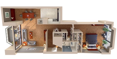 A 3D rendered image of a house layout.